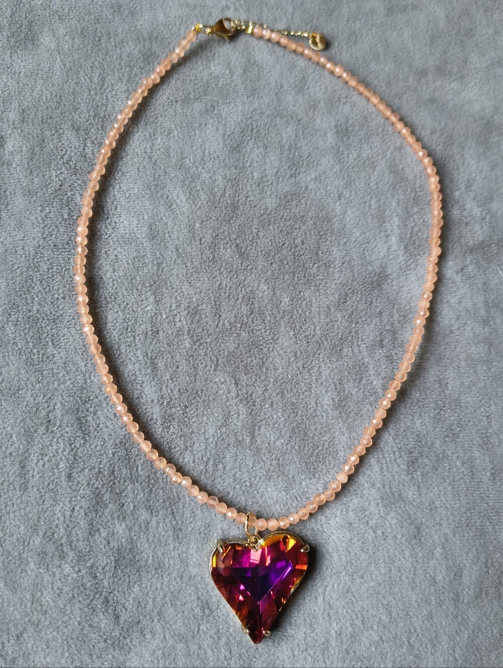 Pink Crystal Beaded Necklace with Iridescent Heart Pendant
